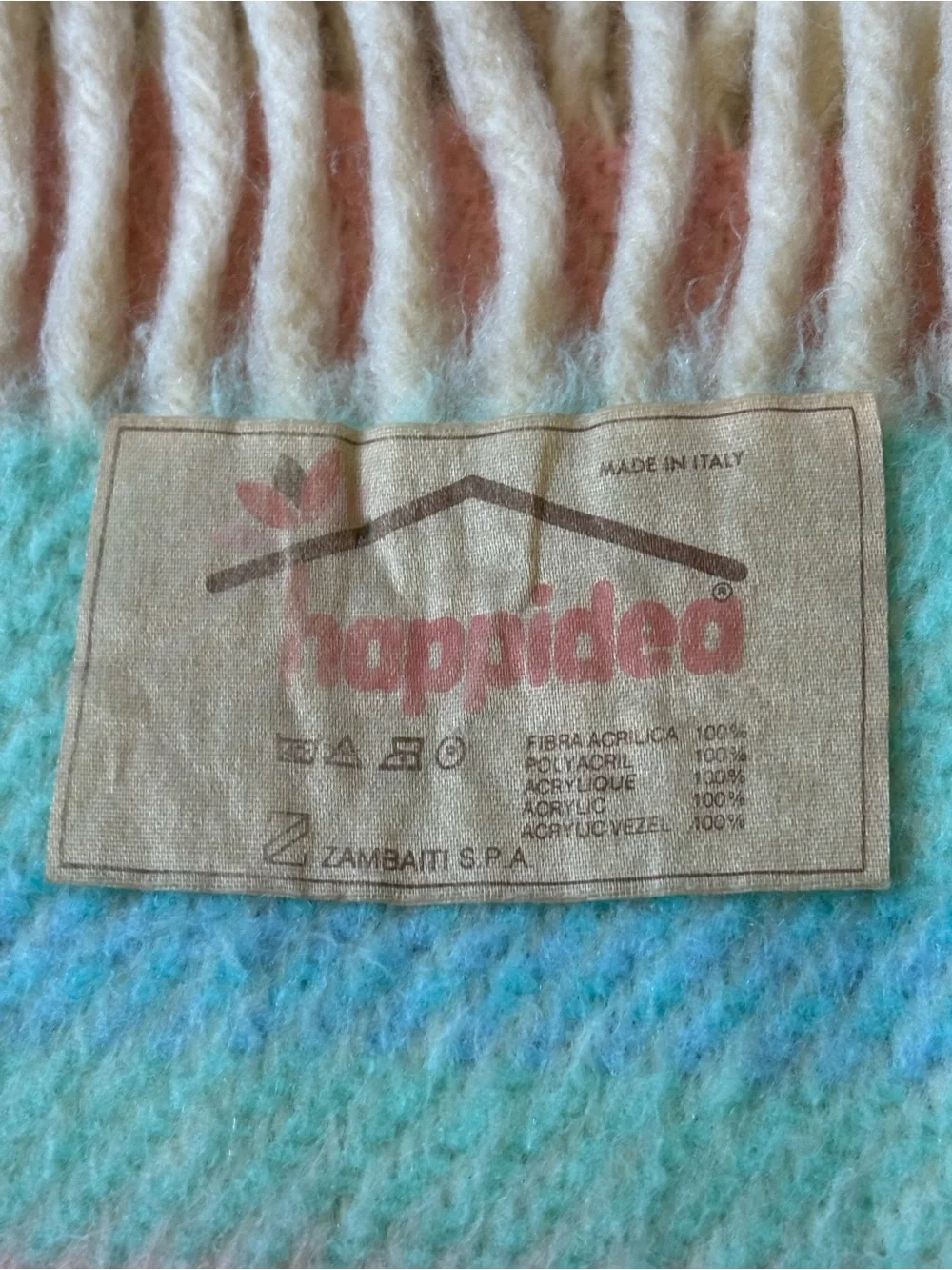 Vintage Italian Made Wool Pastel Stripe Throw Blanket Zambaiti S.P.A Pink Teal